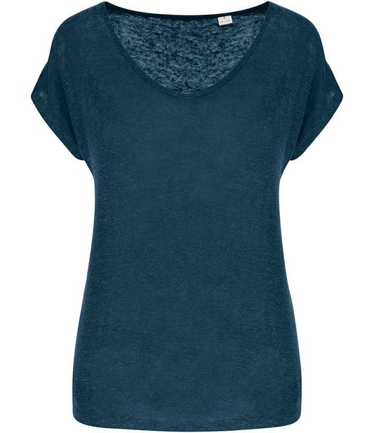 Spasso Ladies V Neck Linen T-Shirt in Peacock Blue