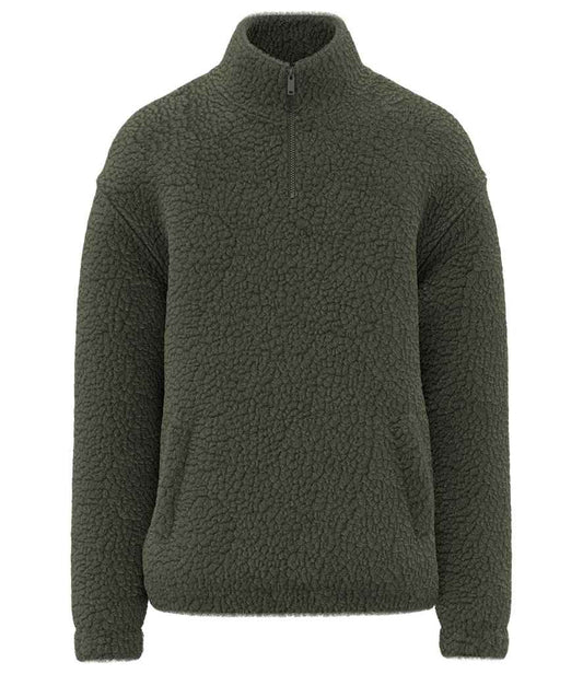 Spasso Unisex Sherpa Drop Shoulder 1/4 Zip Sweat in Forest Khaki