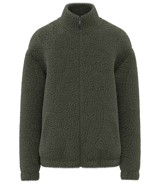 Spasso Unisex Sherpa Drop Shoulder Full Zip Sweat Jacket in Forest Khaki