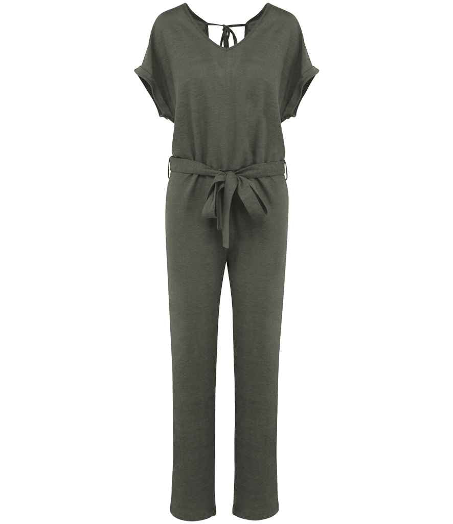Spasso Ladies Short Sleeve Linen Knit Jumpsuit in Organic Khaki