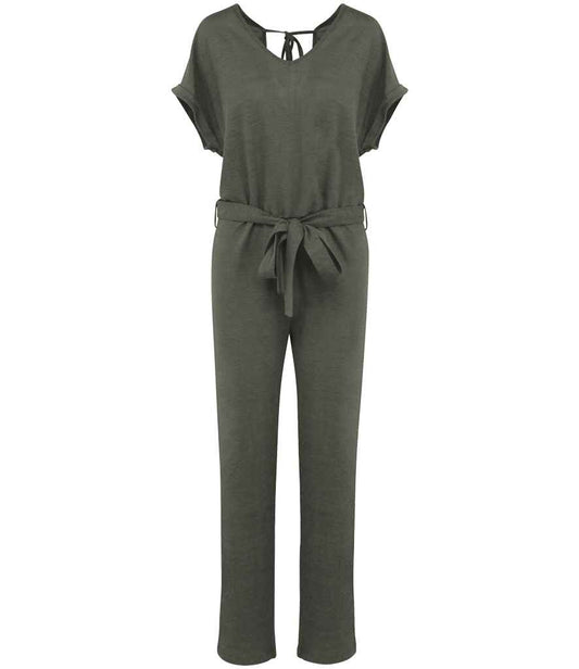 Spasso Ladies Short Sleeve Linen Knit Jumpsuit in Organic Khaki