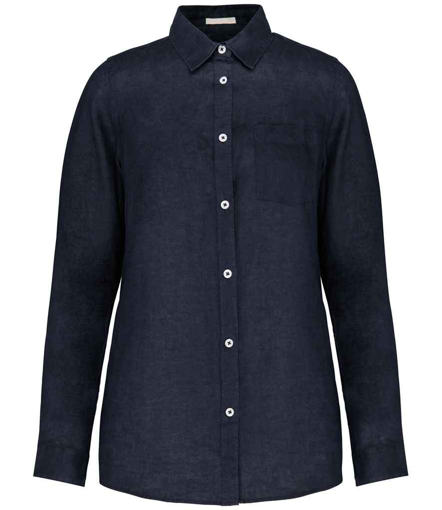Spasso Ladies Long Sleeve Linen Shirt in Navy