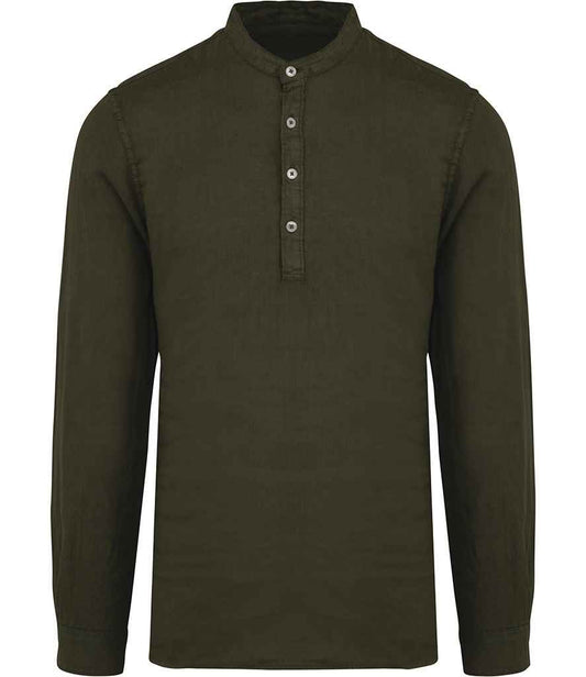 Spasso Washed Mao Collar Shirt in Washed Organic Khaki
