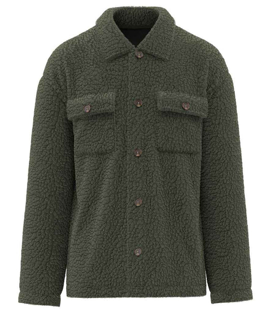 Spasso Unisex Sherpa Drop Shoulder Overshirt in Forest Khaki
