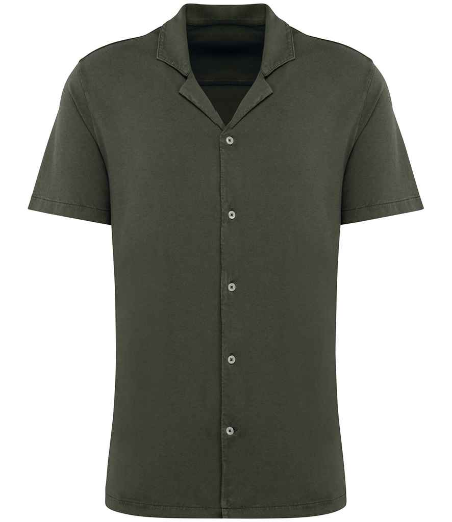 Spasso Jersey Short Sleeve Bowling Collar Shirt in Washed Organic Khaki