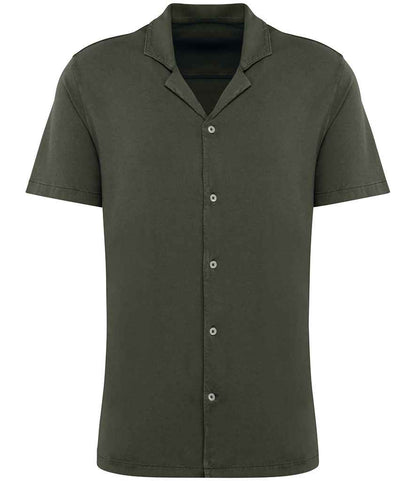 Spasso Jersey Short Sleeve Bowling Collar Shirt in Washed Organic Khaki