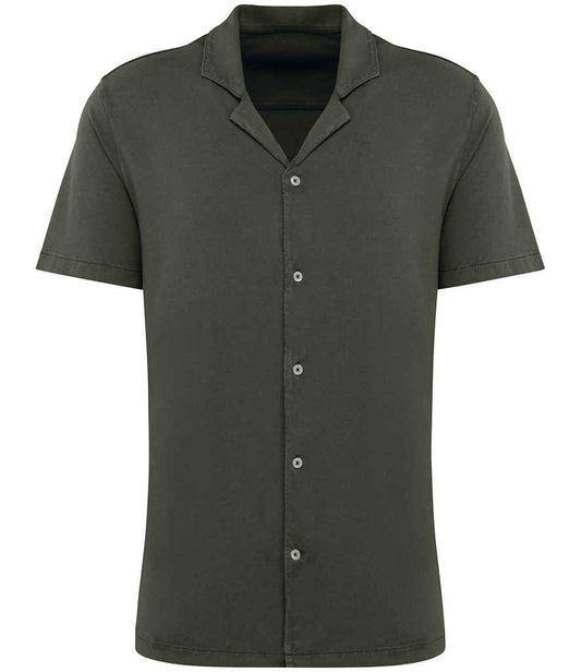 Spasso Jersey Short Sleeve Bowling Collar Shirt in Washed Organic Khaki
