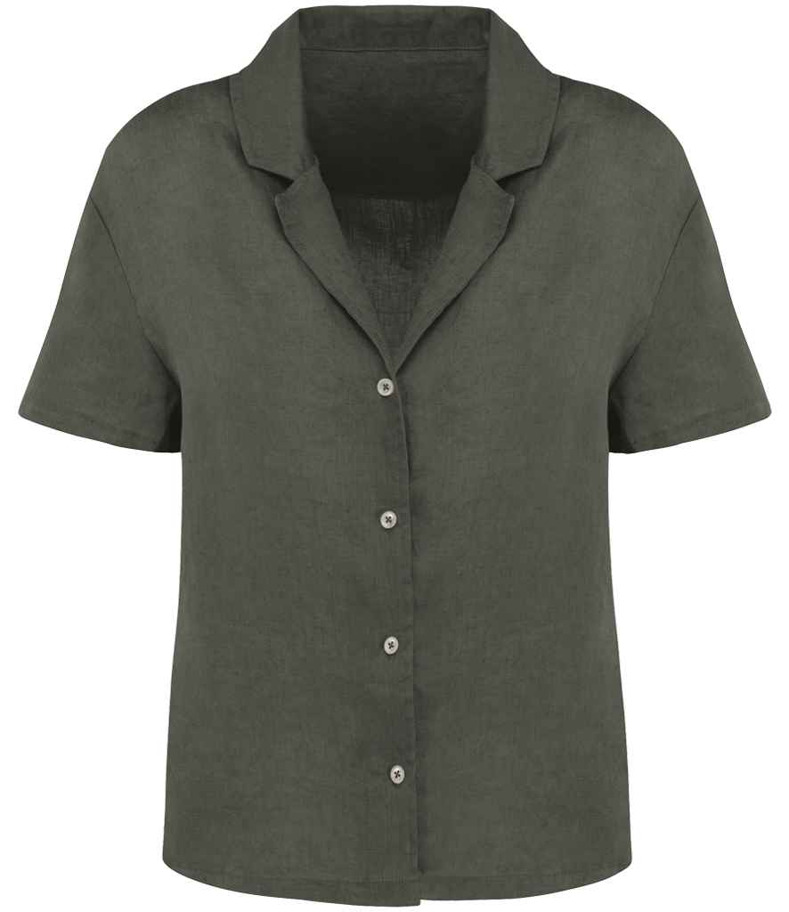 Spasso Ladies Short Sleeve Linen Bowling Collar Shirt in Organic Khaki
