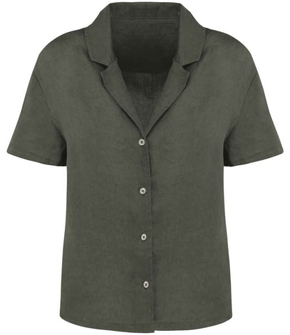 Spasso Ladies Short Sleeve Linen Bowling Collar Shirt in Organic Khaki