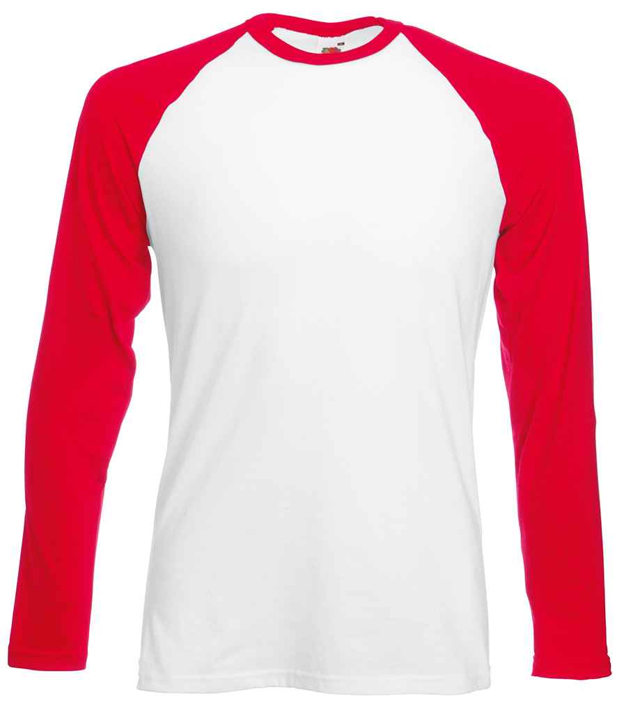 Fruit of the Loom Contrast Long Sleeve Baseball T-Shirt in White/Red