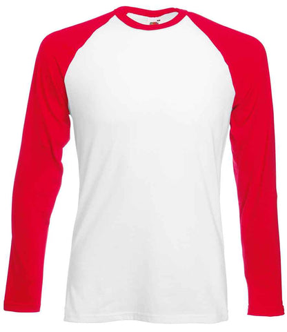Fruit of the Loom Contrast Long Sleeve Baseball T-Shirt in White/Red