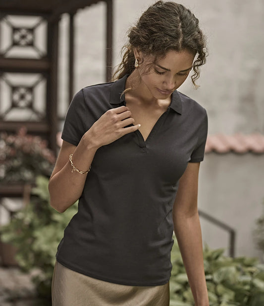Tee Jays Ladies Luxury Stretch V Neck Polo Shirt - Black - Model