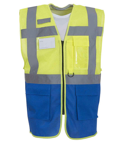 Yoko Hi-Vis Top Cool Open Mesh Executive Waistcoat in Yellow/Royal Blue