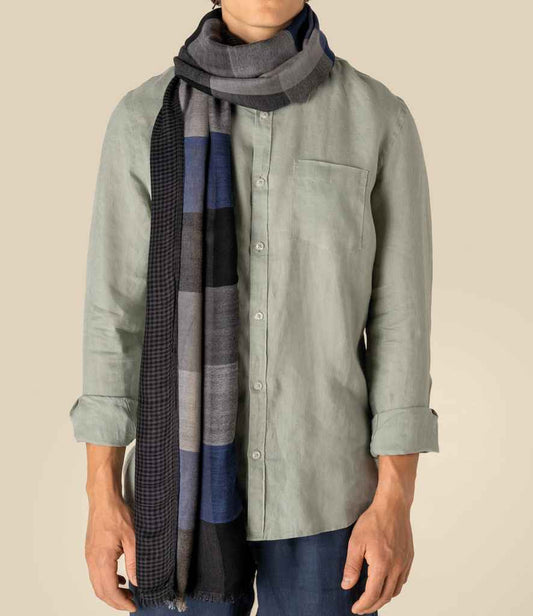Spasso Blue Patchwork/Check Reversible Scarf